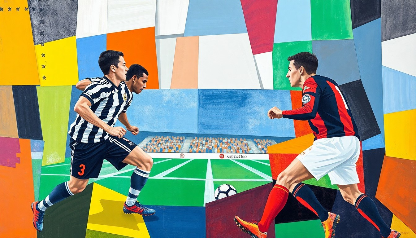 A cubist, geometric painting depicting a fractured, multi-angled view of a football match, with sharp planes of color representing the players and action on the field.