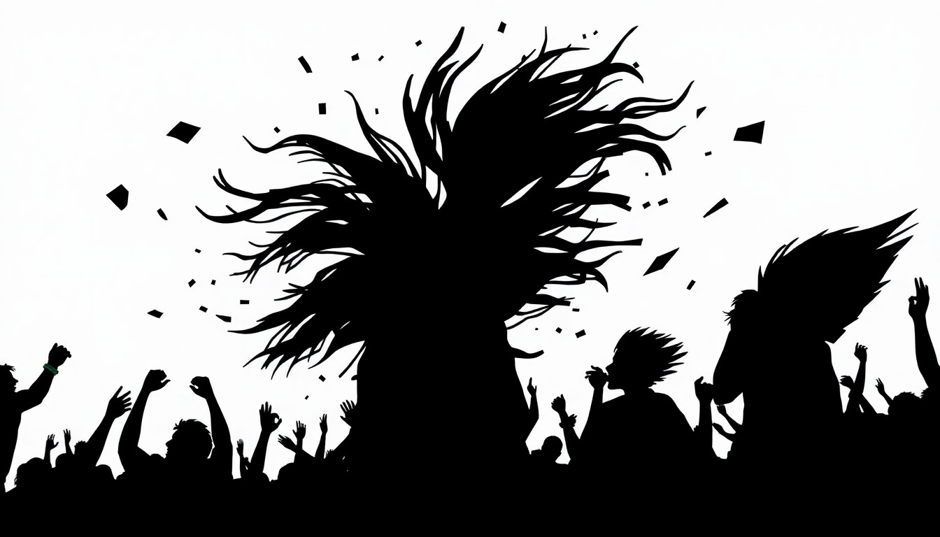 A striking black and white illustration featuring abstract, angular shapes and silhouettes that evoke the turbulent conditions at Coachella, with no text or identifiable elements.