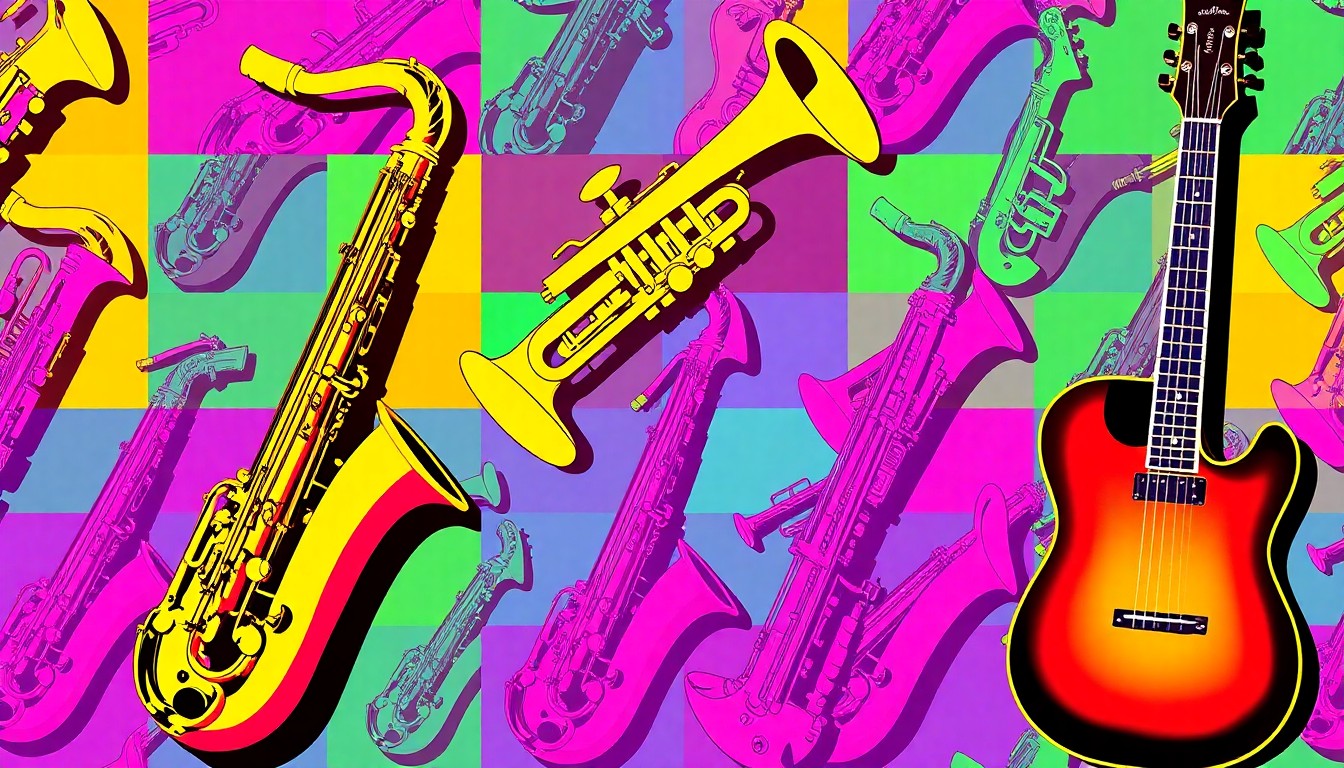 A bold, colorful silkscreen-style illustration featuring repeated images of a saxophone, trumpet, and guitar in a grid pattern, capturing the musical talents of the scholarship recipients.