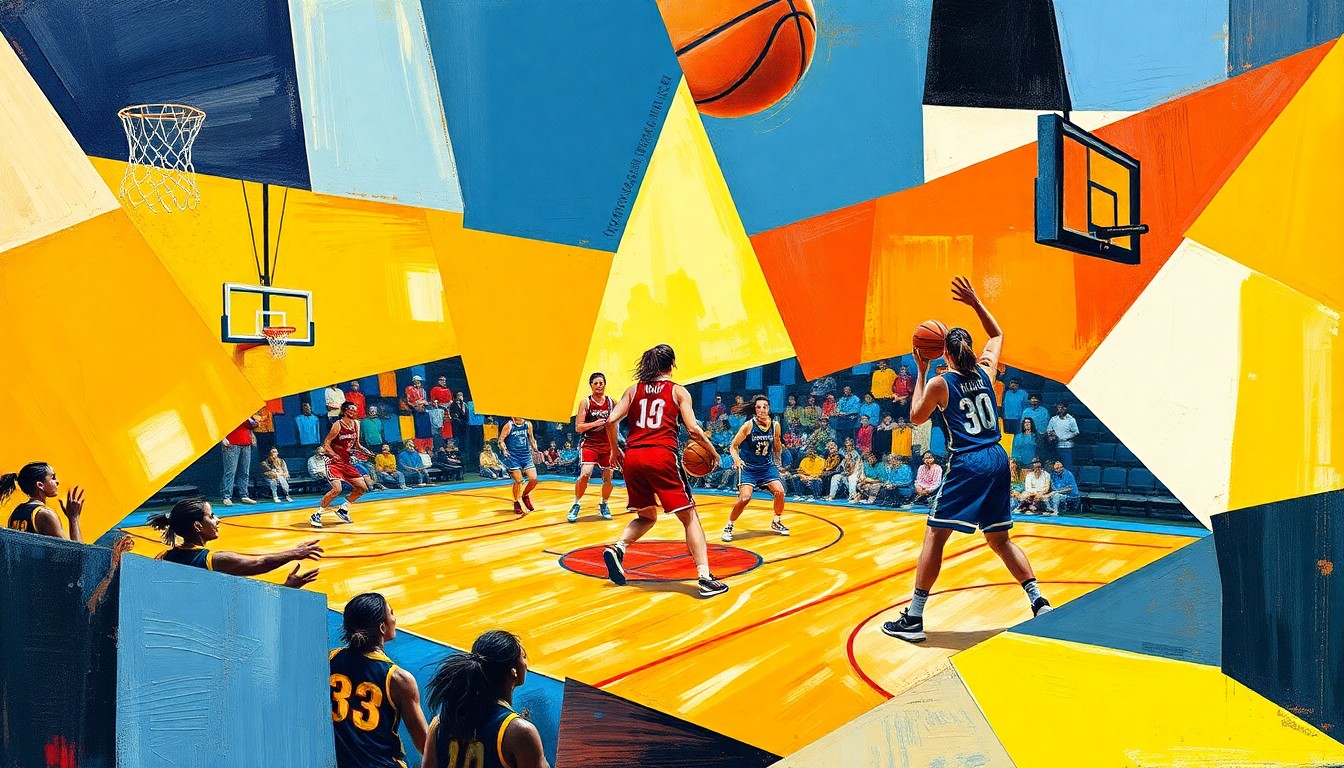 A cubist, geometric painting depicting a fragmented women's basketball game, with sharp planes of color representing the players and court. The abstract, multi-perspective style captures the dynamic energy of the sport.