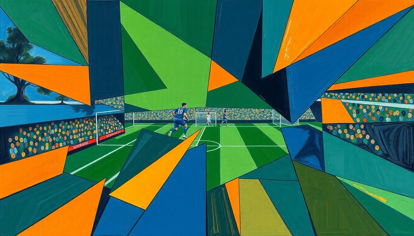 A cubist, fragmented painting depicting a football player in motion, with sharp, overlapping geometric shapes in navy, green, and orange conveying the dynamic energy of the sport.