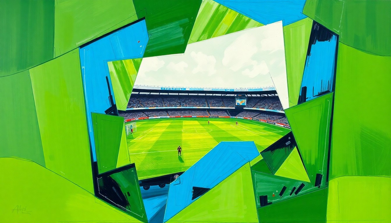 A cubist, geometric painting depicting the intense action and physical battle of a close soccer match, with overlapping shapes and planes of green and blue representing the players and field of play.