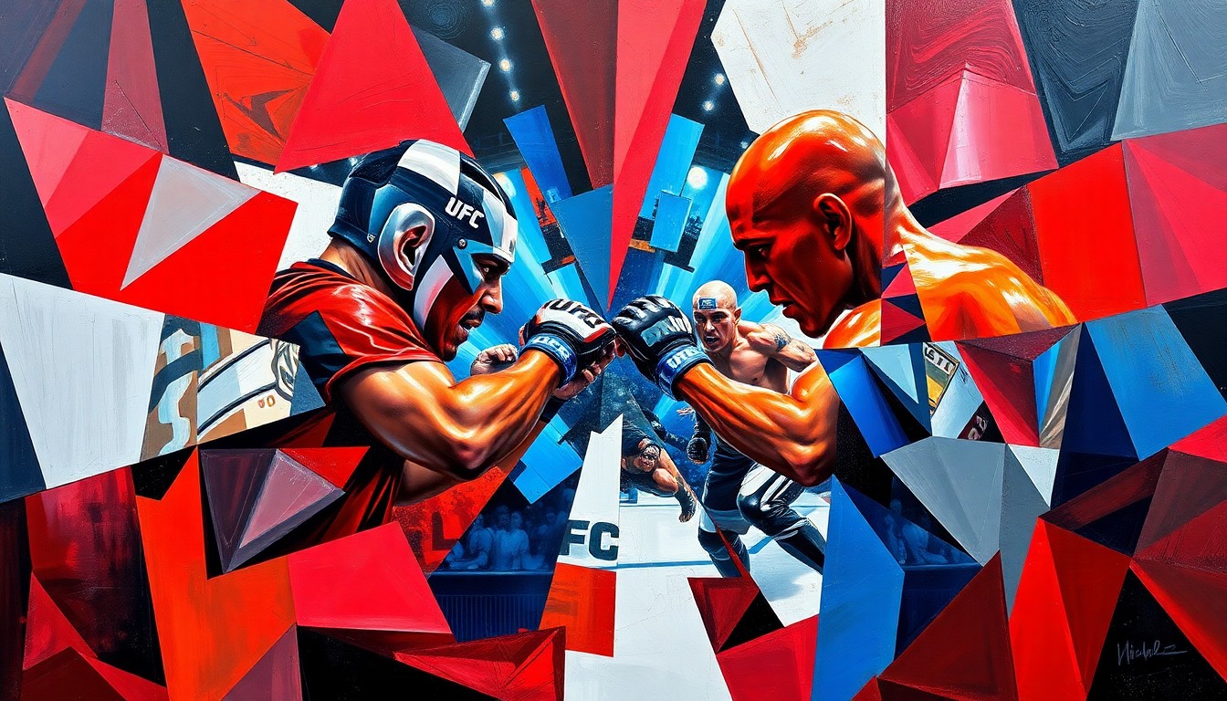 A cubist-style painting depicting a fragmented, multi-angled view of a UFC fight scene, with sharp geometric planes in a palette of deep reds, electric blues, and metallic silvers.