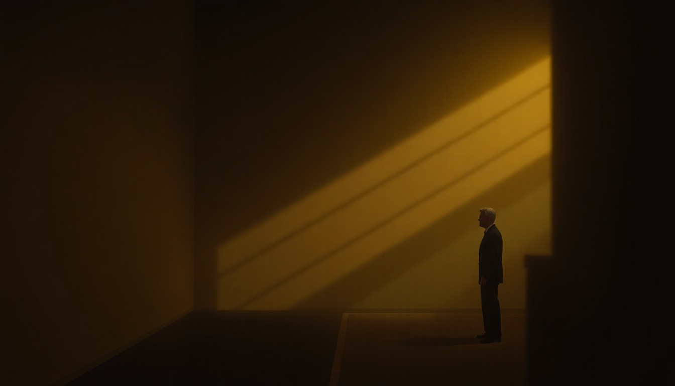 A dimly lit, shadowy room with a single figure seated at a desk, bathed in warm, diagonal sunlight, conceptually representing the complex political and social dynamics surrounding the Epstein scandal.