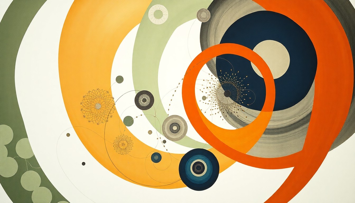 A highly structured abstract painting featuring sweeping geometric arcs, concentric circular forms, and precise botanical-inspired spirals in a soft, earthy color palette, conceptually representing the complex interplay of disorganized lipid nanoparticles and their enhanced mRNA delivery capabilities.