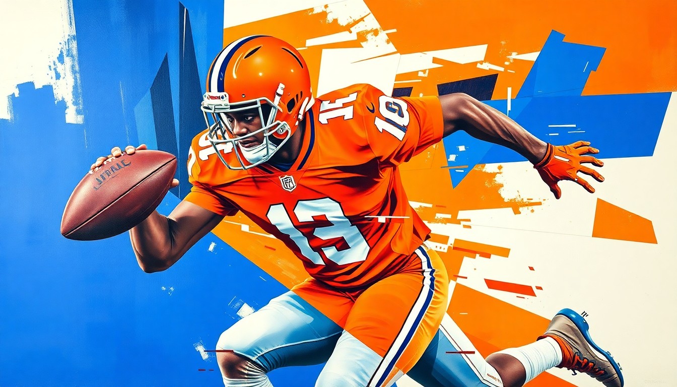 A fragmented, geometric painting depicting a football player in motion, with sharp planes of orange, blue, and white representing the dynamic movements of a cornerback.
