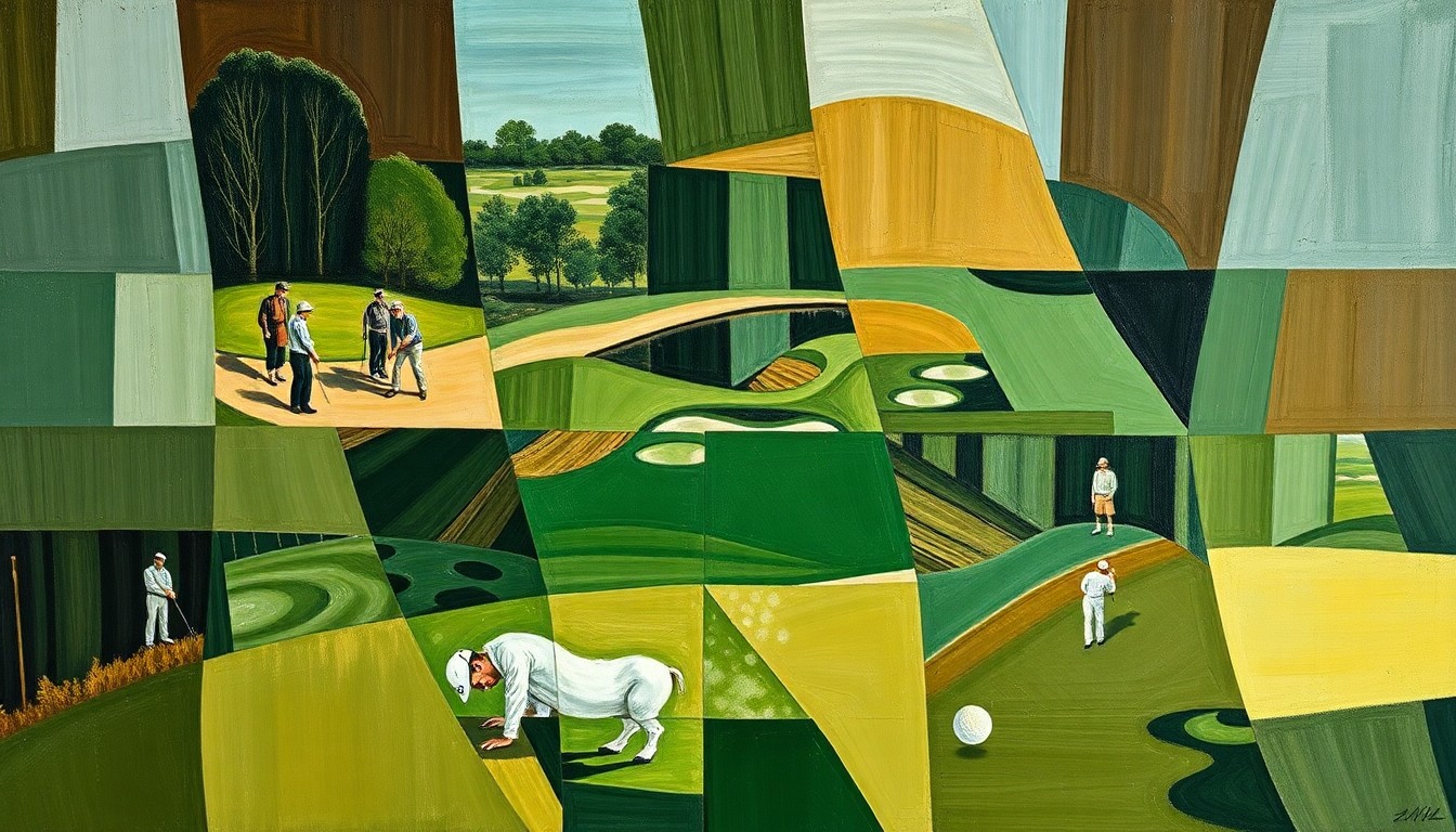 A fragmented, geometric painting depicting a golf tournament or match, with sharp planes of color and overlapping shapes that obscure any recognizable figures or details, conveying a sense of the sport's complexity and the challenges facing its most iconic player.