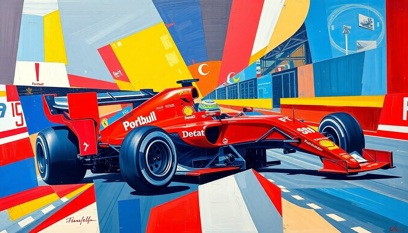 A cubist, geometric painting depicting a Formula 1 race, with sharp, overlapping planes of color representing the speed and energy of the sport.