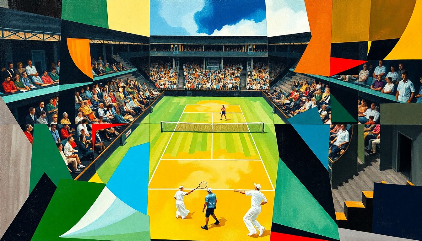 A cubist, geometric painting depicting a tennis match or competition, with the players' forms abstracted into angular, colorful shapes and the court and spectators also deconstructed, conveying the energy and complexity of Wawrinka's final season.