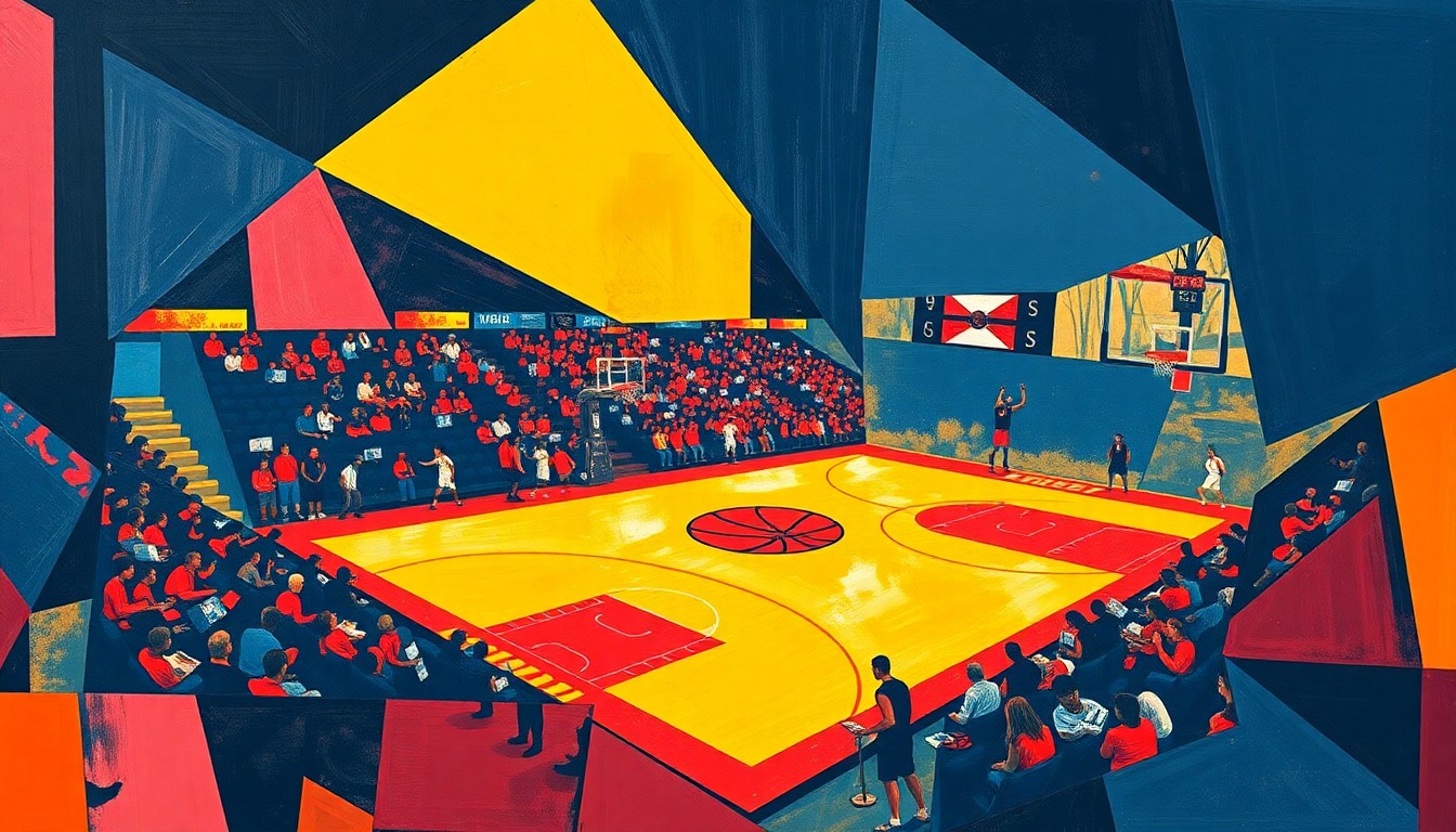 A fractured, cubist-style painting depicting a college basketball game or competition, with sharp geometric planes in navy blue, crimson red, and gold overlapping to create a fragmented, multi-perspective view of the action on the court.