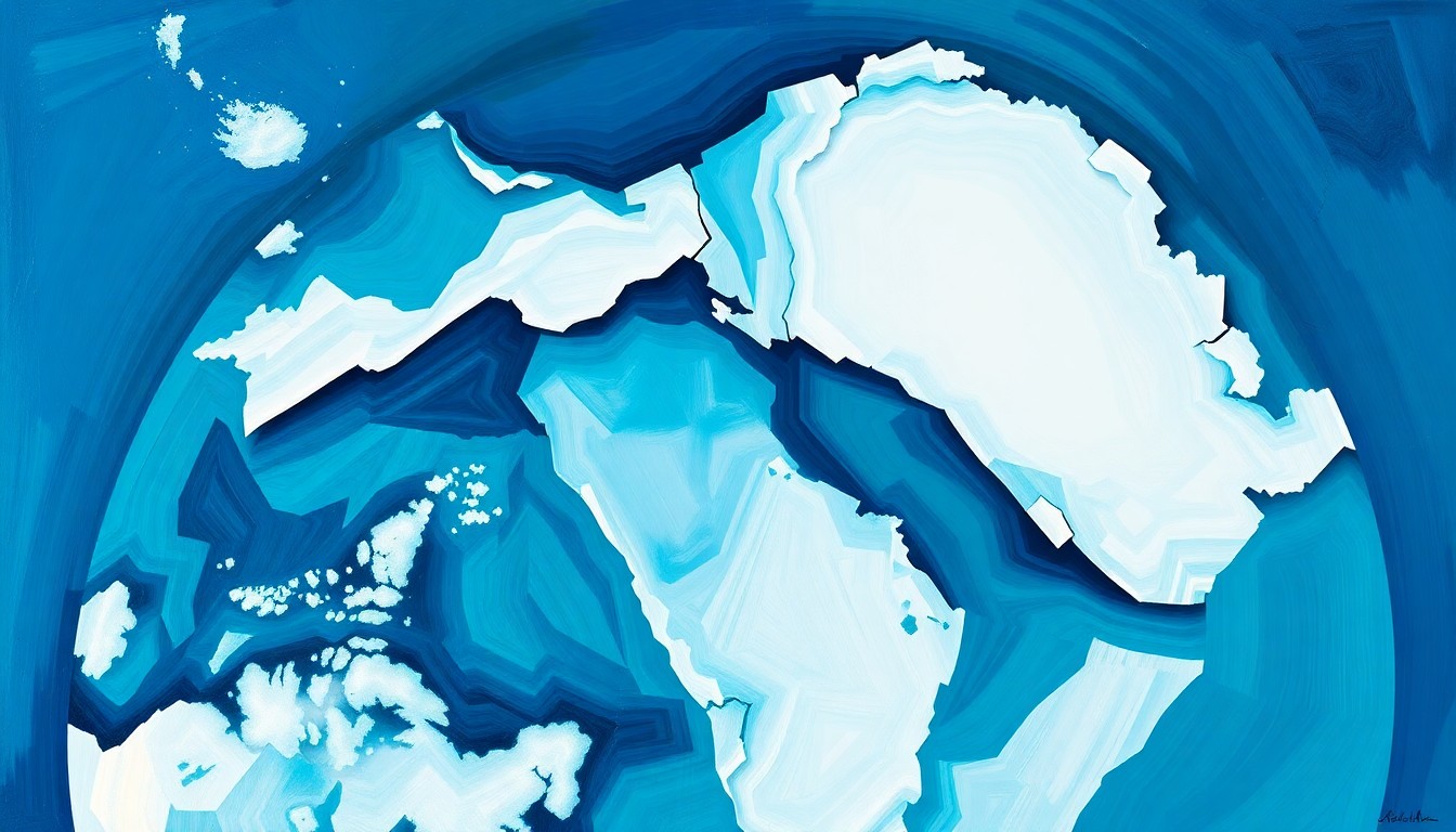 A fractured, abstract painting in shades of blue and white, depicting a distorted globe or map of Greenland, conveying the sense of geopolitical uncertainty and tension surrounding Trump's threats to seize the territory.