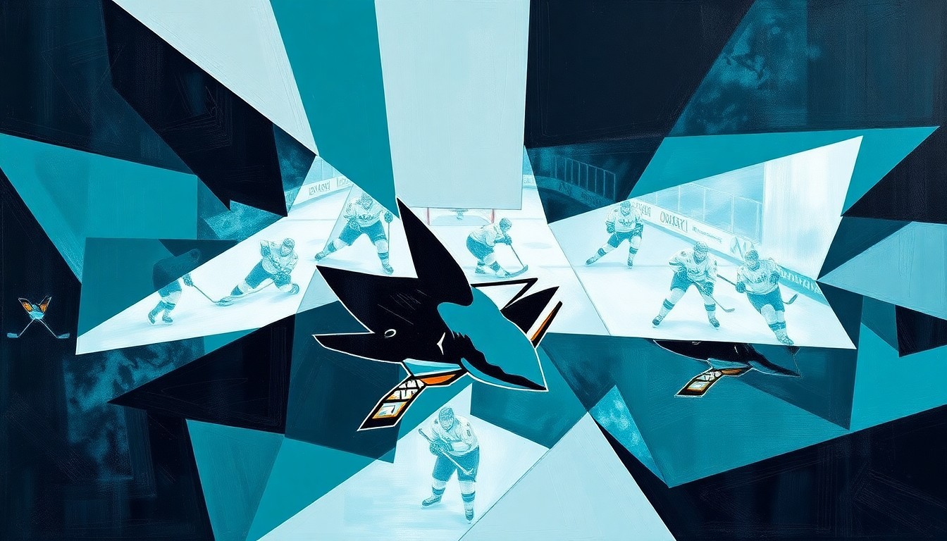 A fragmented, geometric painting in shades of teal, black, and white, depicting a San Jose Sharks hockey game broken down into sharp, overlapping planes, conveying the team's urgency and the multifaceted nature of their playoff push.