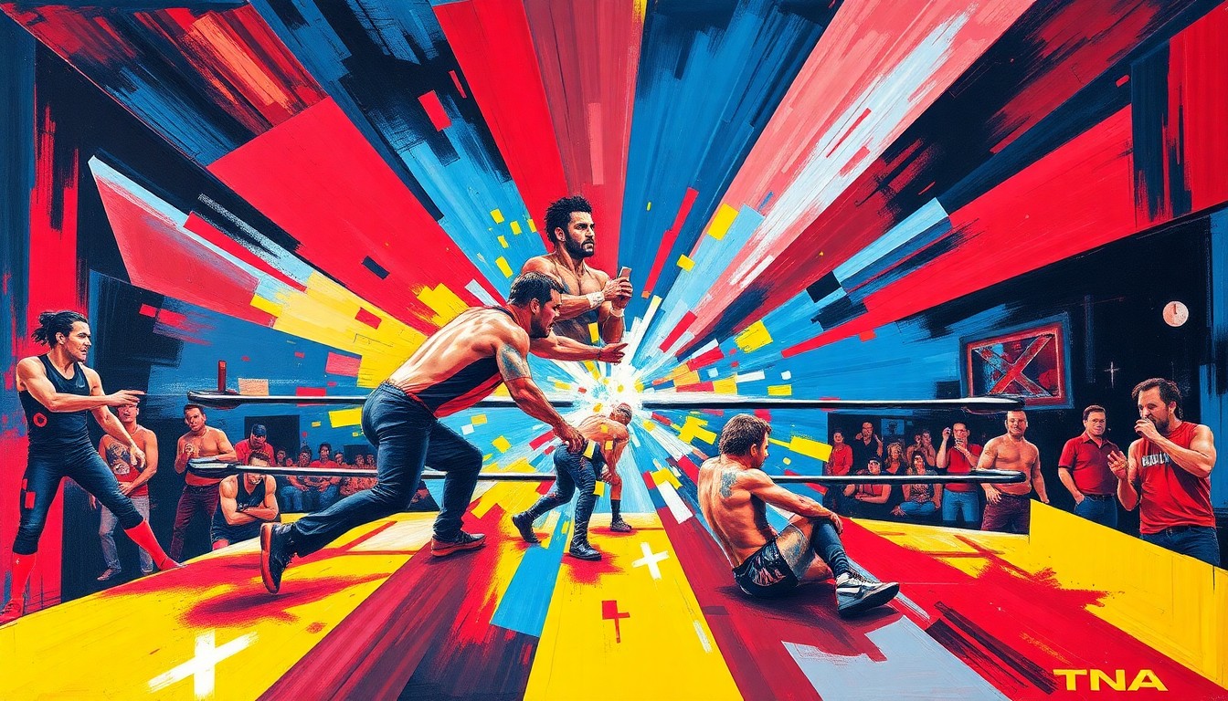 A cubist, geometric painting depicting a TNA wrestling match, with sharp, overlapping planes of color representing the intense, fast-paced action of the X-Division.