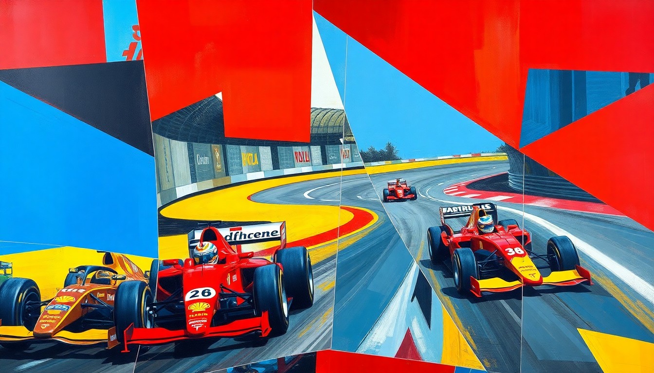 A cubist-style painting depicting a Formula One race, with cars, drivers, and the track broken down into sharp, overlapping geometric shapes in vibrant colors, conveying the chaos and danger of the recent high-speed crash.
