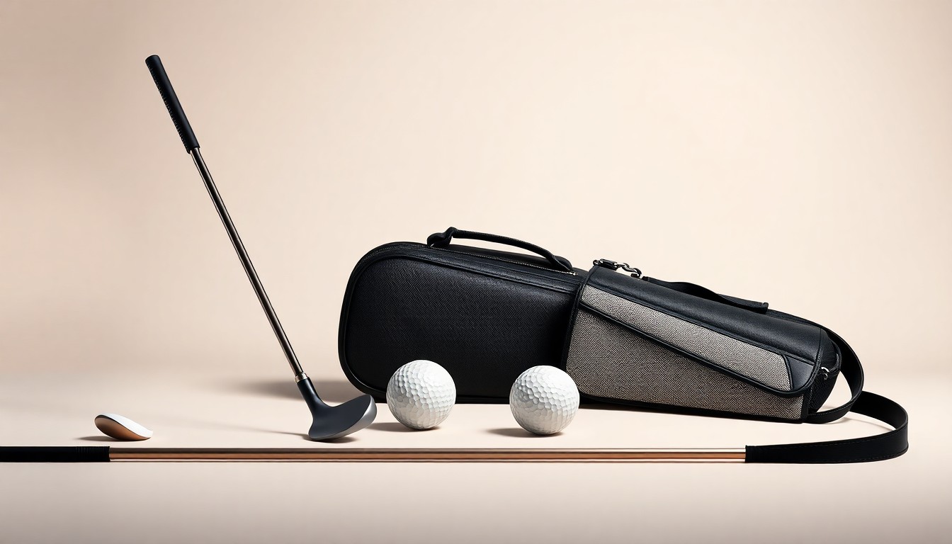 A high-end, photorealistic studio still-life photograph featuring a collection of premium golf equipment and accessories, including a golf club, golf ball, and a sleek, modern golf bag, arranged elegantly on a clean, monochromatic seamless background, conceptually representing the evolving business of golf.