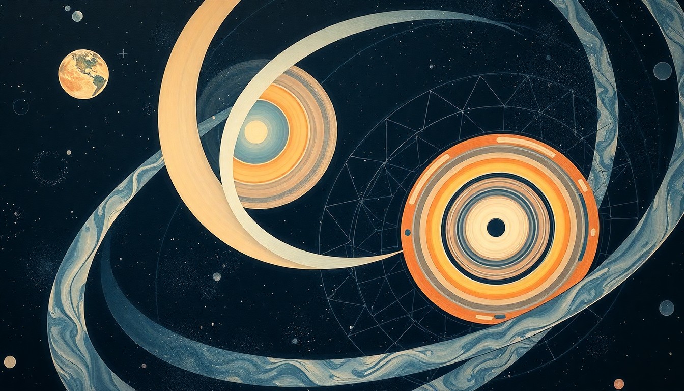 A bold, abstract painting in soft colors featuring sweeping geometric arcs, concentric circles, and precise spirals, conceptually representing the complex scientific forces and concepts of deep space travel.