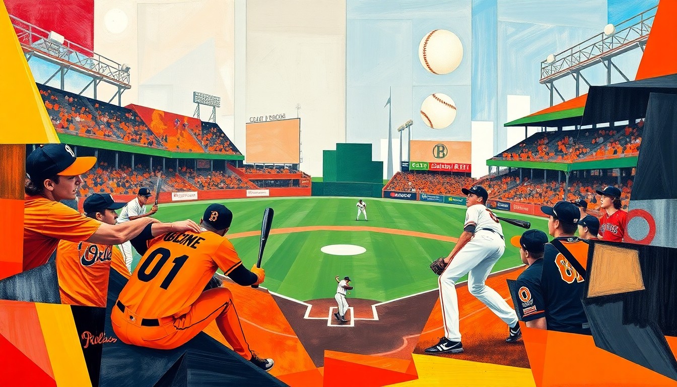 A fractured, multi-perspective painting in bold, overlapping geometric shapes and planes of orange, black, red, and navy blue, conceptually representing the dynamic energy and talent of the Orioles and Red Sox prospects competing in a spring training game.