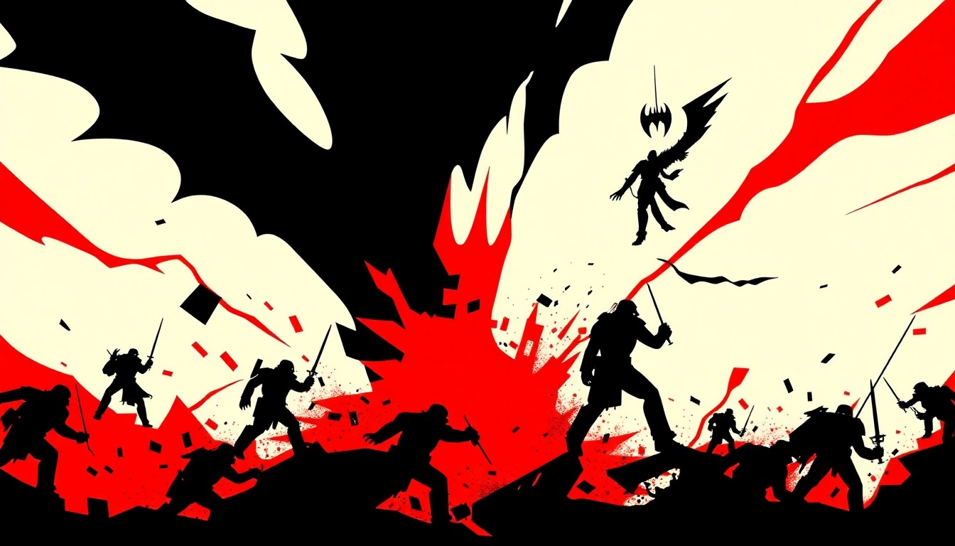 An abstract, minimalist illustration featuring stark, jagged black silhouettes and bold, high-contrast shapes in red and white, conceptually representing the epic conflict between the warring factions in the Warhammer 40,000 universe.