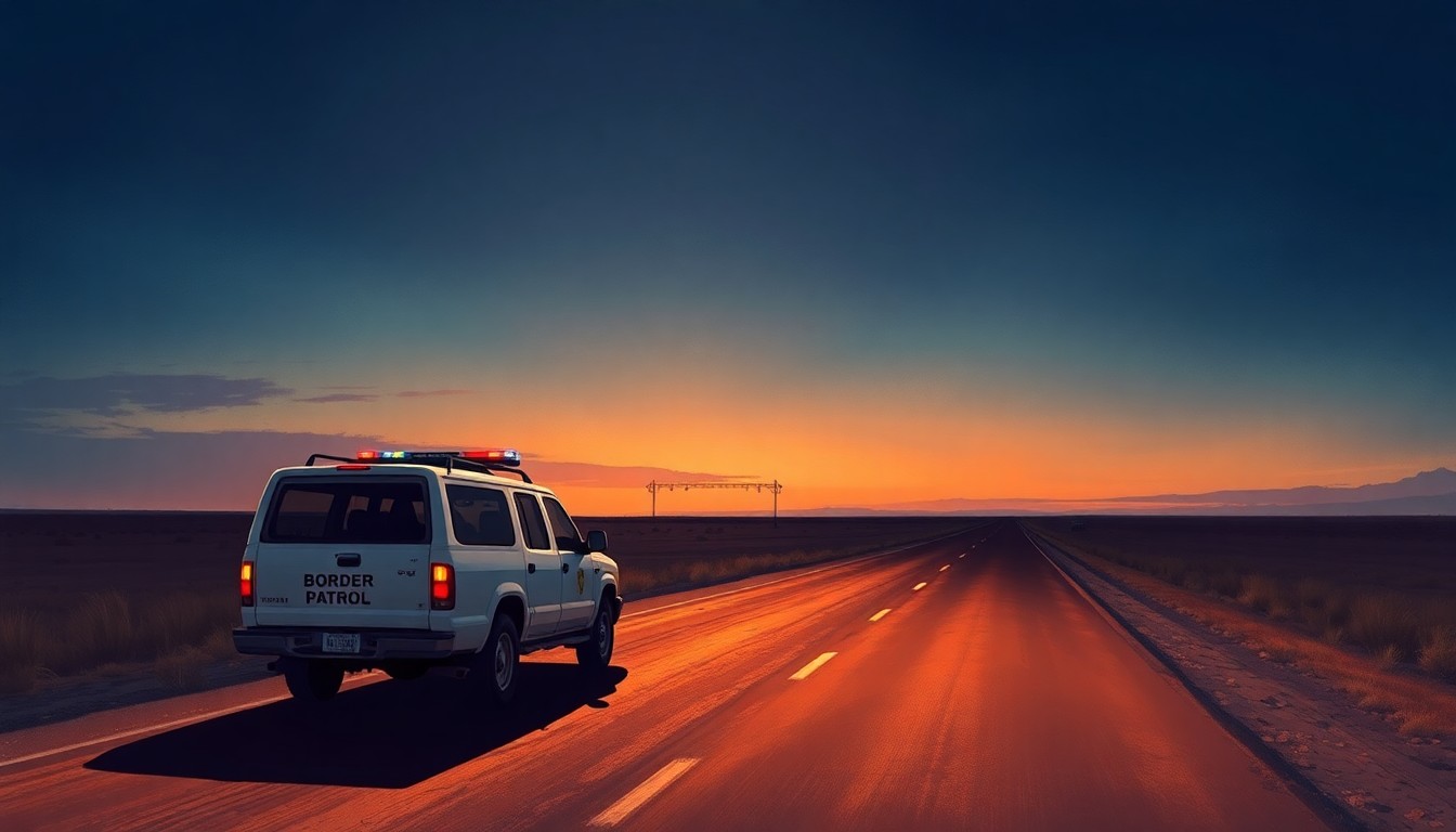 A photorealistic painting of a lone Border Patrol vehicle parked on a deserted Texas highway at dusk, with warm sunlight casting deep shadows across the scene, conveying a sense of solitude and melancholy.