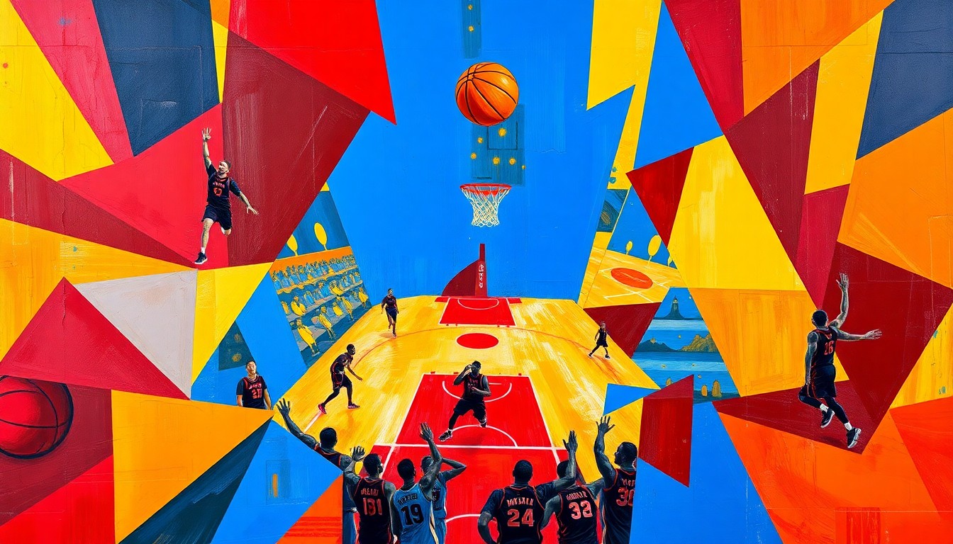 A cubist, geometric painting depicting a WNBA basketball game in motion, with the players and court fragmented into sharp, overlapping planes of color, capturing the dynamic energy of the sport.