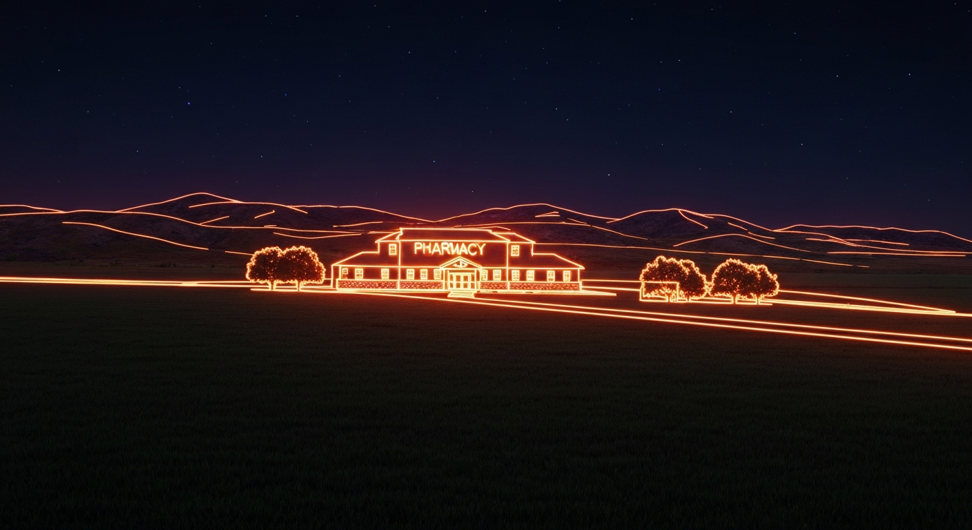 A minimalist neon outline illustration depicting the silhouette of a rural Texas pharmacy building set against a starry night sky, conveying the essential role these small-town pharmacies play in their communities.