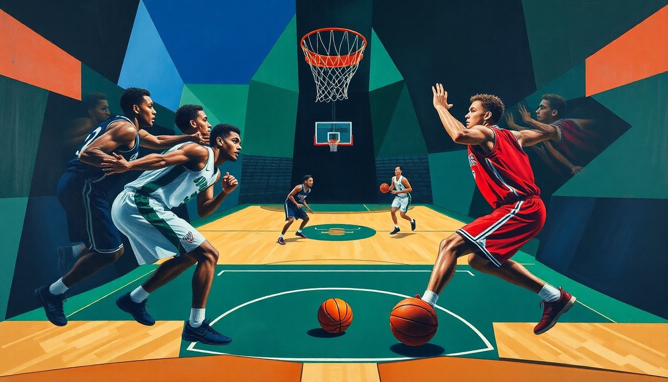 A cubist, geometric painting depicting the abstracted forms of college basketball players on a court, with the ball and court represented through bold, angular shapes in a palette of deep blues, greens, and reds.