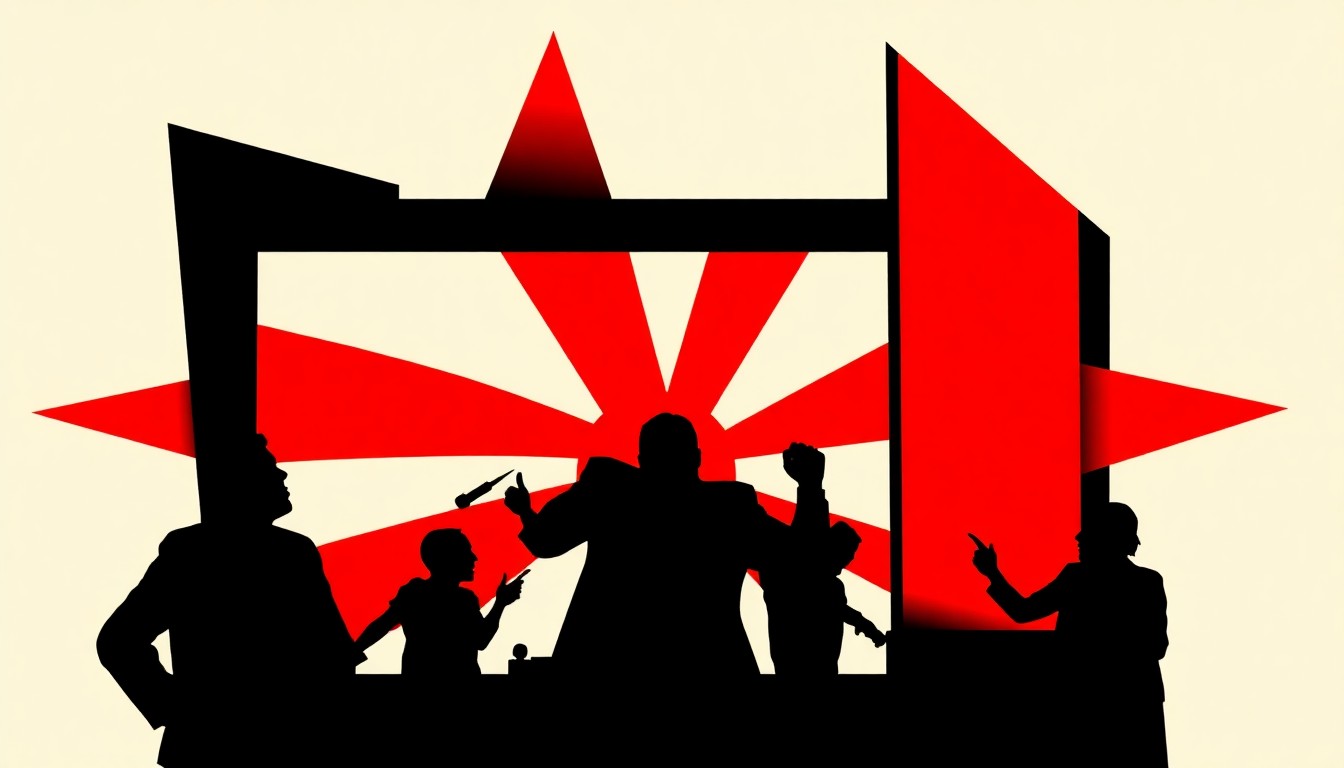 A bold, abstract composition of jagged geometric shapes and stark black silhouettes, conceptually representing the subversive spirit of the late-night TV prank.