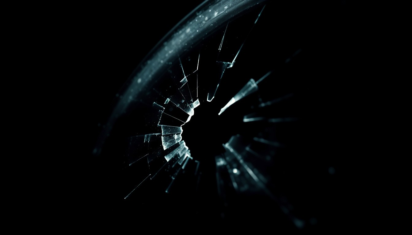 An extreme close-up photograph of a shattered car window or bullet casing, lit by a harsh, direct camera flash against a pitch-black background, conceptually illustrating the violence and investigation surrounding the alleged murder case.