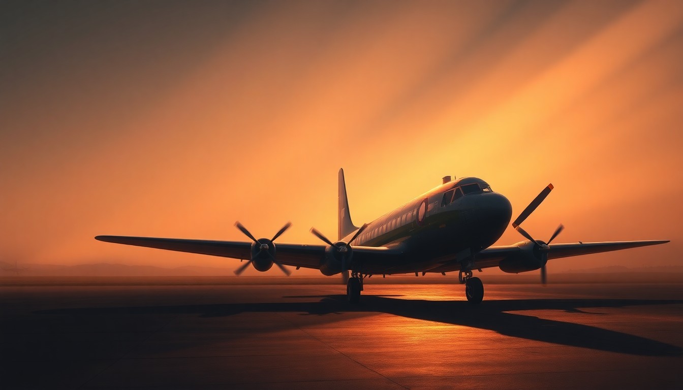 A serene, cinematic painting of a World War II-era bomber aircraft resting on a tarmac, its metal fuselage and wings glowing in warm, angled sunlight, evoking a sense of quiet contemplation and reverence for the veteran's wartime experiences.