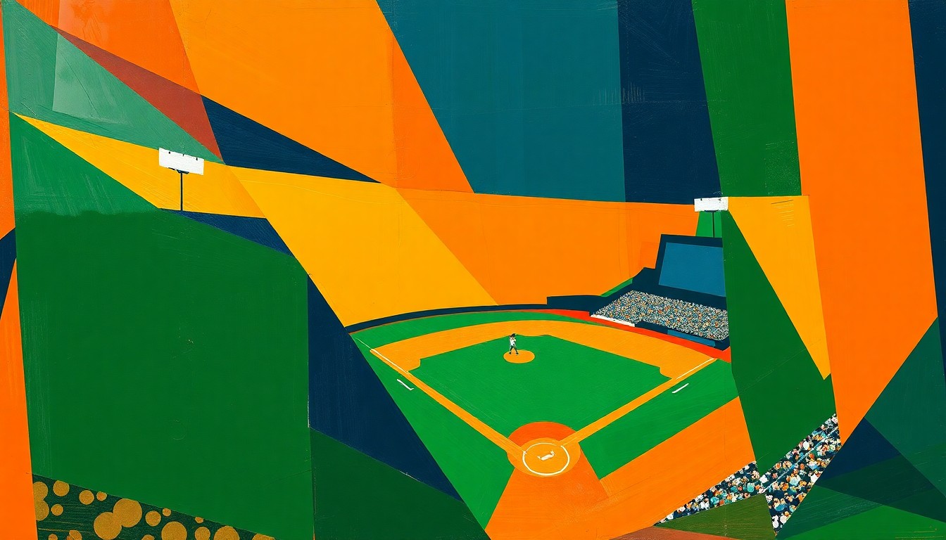 A cubist, geometric painting depicting a baseball game broken down into overlapping planes of bright orange, navy blue, and forest green, conveying the dynamic energy and shifting momentum of the contest.