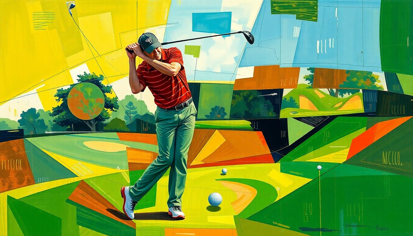 A cubist, geometric painting depicting Scottie Scheffler's golf swing and ball trajectory broken down into sharp, overlapping planes of color, conceptually representing the ups and downs of his second-round performance.