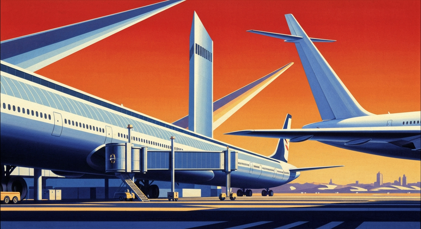 A highly stylized, geometric illustration depicting the grand, sweeping architecture of an airport terminal or airplane, rendered in smooth, airbrushed gradients of blues, grays, and silvers to capture the scale and power of modern air travel.