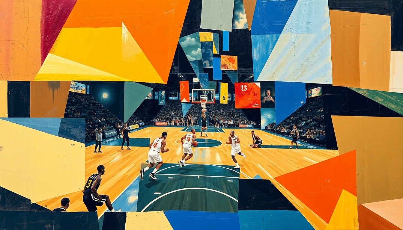 A fragmented, geometric painting depicting a basketball game or match, with sharp, overlapping planes of color and shape representing the chaotic and unpredictable nature of the Wizards' recent seasons and their hopes for a brighter future with a high draft pick.
