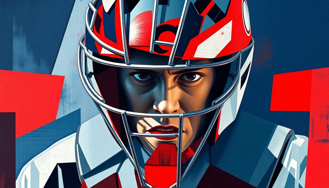 A fractured, cubist-style painting depicting a baseball catcher's gear and equipment broken down into sharp, overlapping geometric shapes in the Red Sox's team colors of red, navy blue, and white, with accents of metallic silver or gray, conceptually representing the complex decision-making process behind choosing a backup catcher.