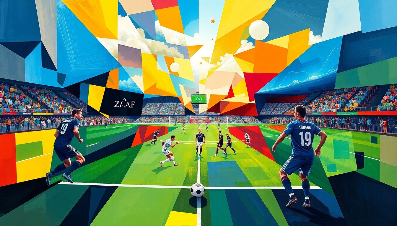 A fractured, multi-perspective painting depicting a soccer match between the LA Galaxy and Austin FC, with the players and action broken down into sharp, overlapping geometric shapes and planes in vibrant team colors.