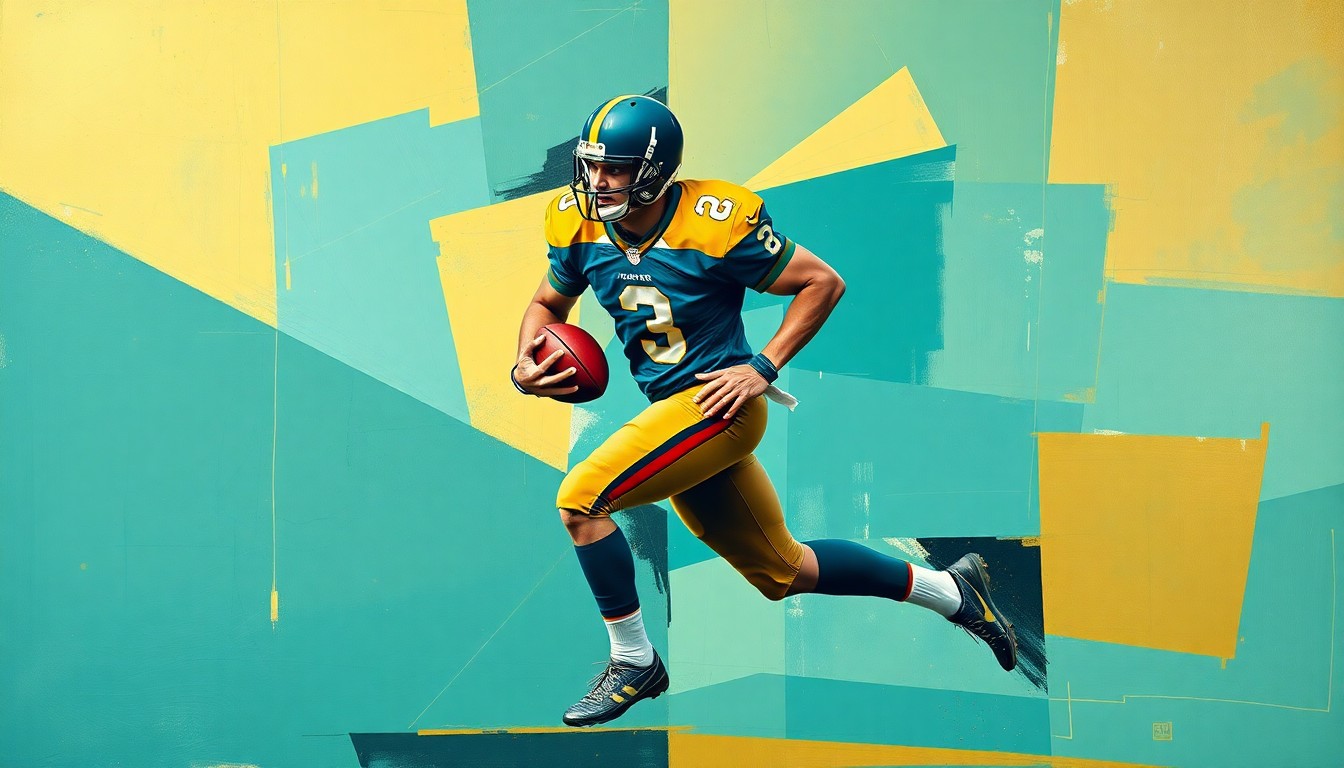 A fragmented, cubist-style painting depicting a football player in motion, broken down into sharp, overlapping geometric shapes in the team colors of teal, gold, and black, conveying the tension and uncertainty around the player's future.