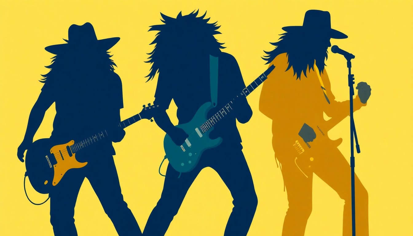 An abstract, minimalist illustration featuring overlapping, angular shapes in shades of navy, teal, and mustard yellow, conceptually representing the dynamic sound and instrumentation of a southern rock band performance.