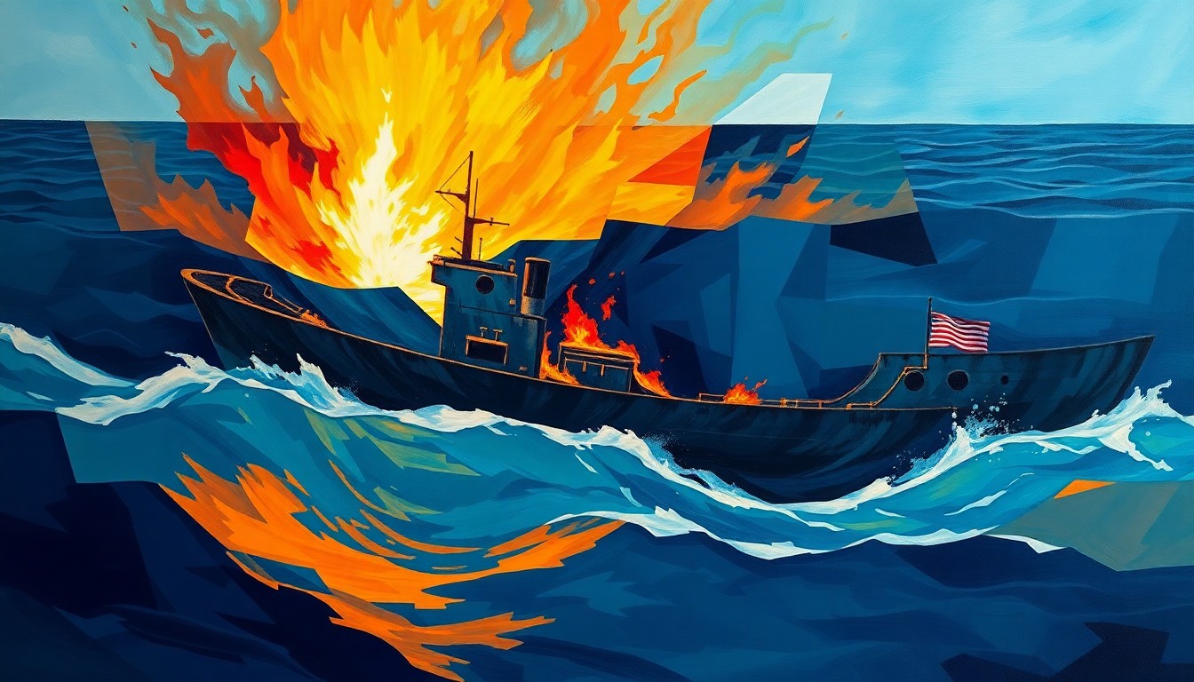 A dynamic, abstract painting with overlapping, fractured shapes in shades of blue, teal, and orange, conveying the chaotic and violent nature of a military strike on a boat at sea.