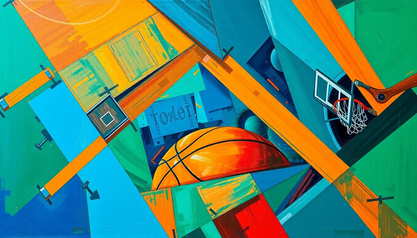 A fractured, geometric painting in vibrant blues, greens, and oranges, depicting the motion and energy of a basketball game or match, with no recognizable figures or text.