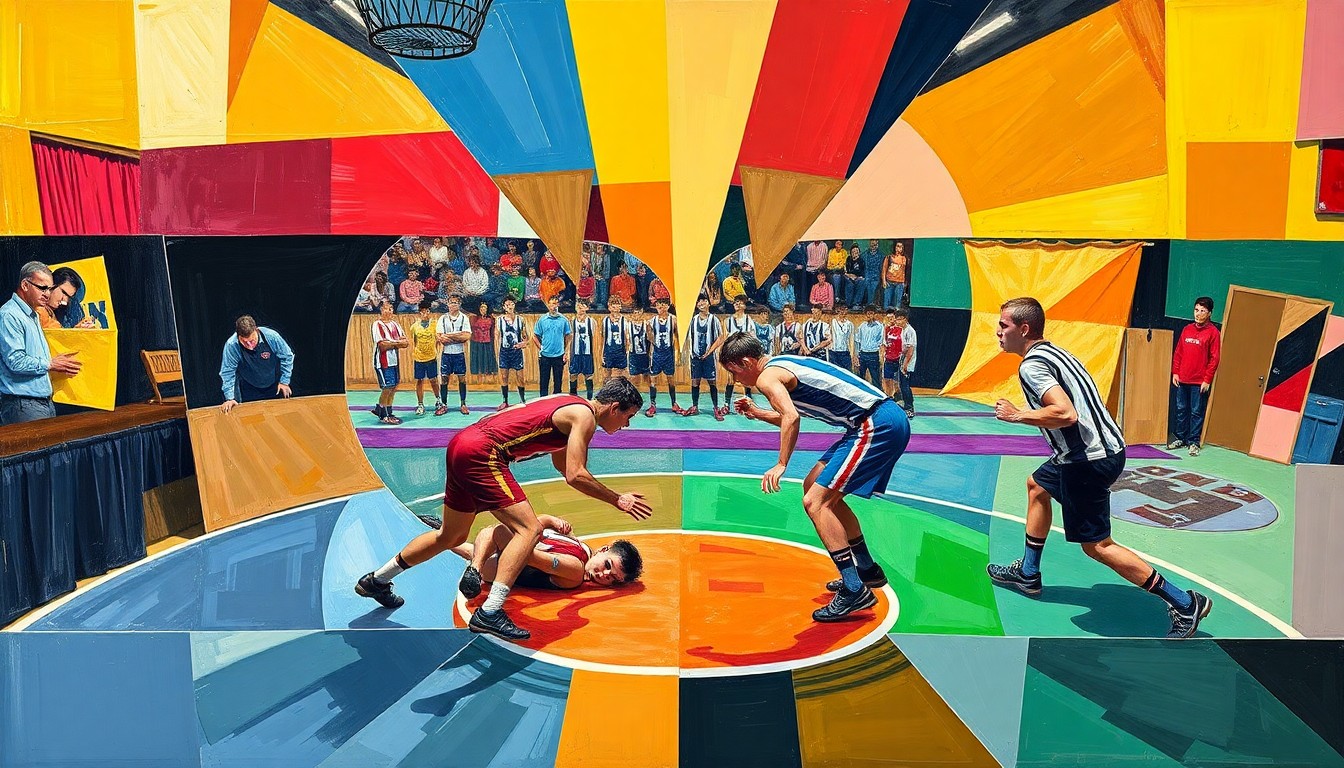 A fragmented, cubist-style painting depicting the dynamic movements and competition of a high school wrestling match, with the athletes' uniforms and the wrestling mat rendered in bold, geometric shapes and colors.