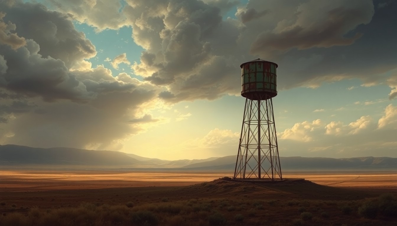 A vast, atmospheric landscape painting depicting a crumbling water tower in the distance, dwarfed by the overwhelming scale of the natural environment, conveying the sense of isolation and vulnerability facing the small town of Hartman, Colorado.