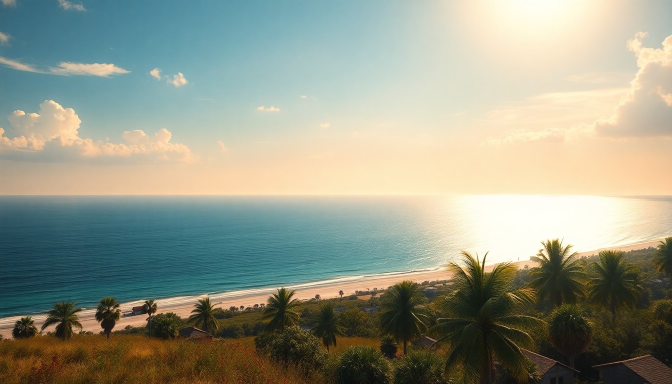 A vast, majestic landscape painting in the style of Caspar David Friedrich, depicting a serene, sun-drenched coastal scene along the Gulf of Mexico, with the sparkling waters of the gulf dwarfing any small structures or palm trees in the foreground.
