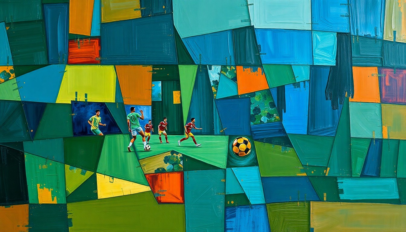 A fragmented, cubist-style painting depicting a soccer match or training session, with players and the field broken down into sharp, overlapping geometric shapes in a palette of deep blue, forest green, and burnt orange, conveying the strategic shift in Juventus' transfer approach.