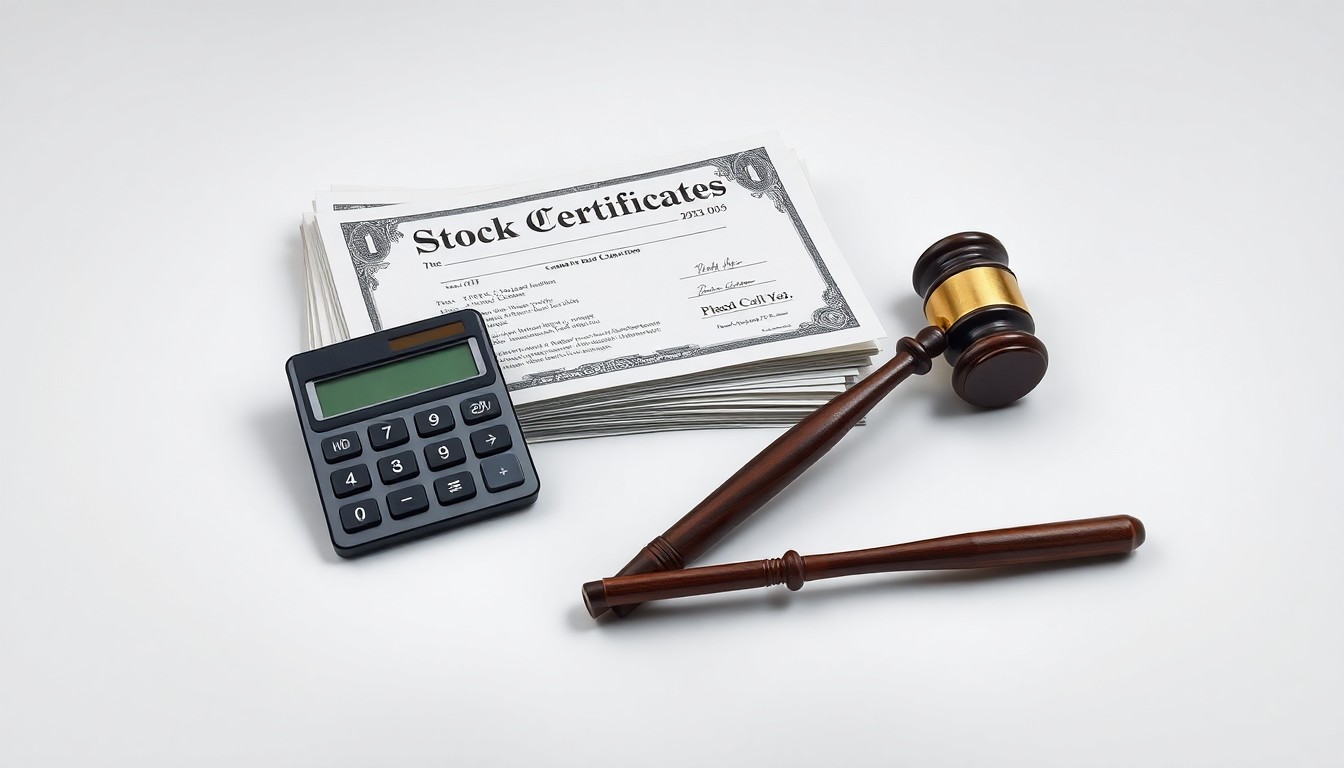A high-end, photorealistic studio still-life featuring a stack of stock certificates, a calculator, and a gavel arranged elegantly on a clean, monochromatic background, conceptually representing the abstract corporate strategy and legal proceedings involved in a securities class action lawsuit.