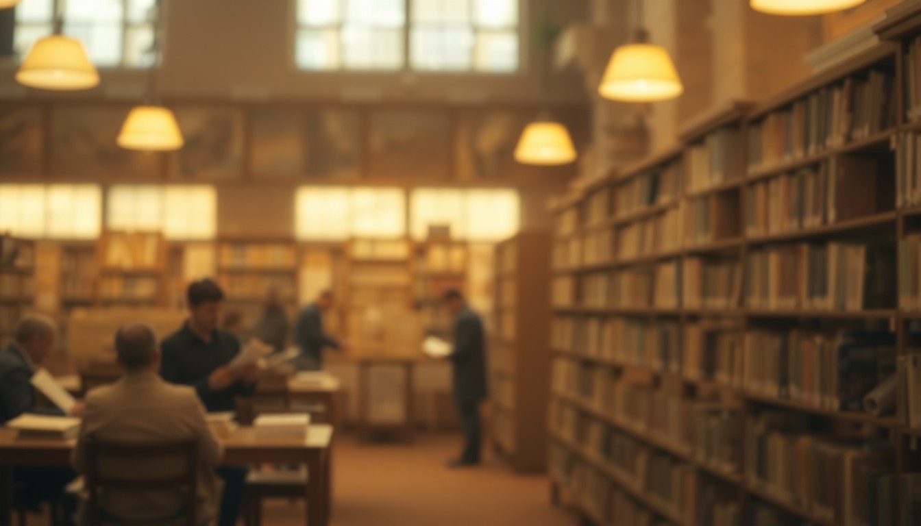 An extremely blurred, out-of-focus scene of people sitting at library tables, surrounded by books and papers, in a warm, hazy glow of light and color, conveying the cozy, immersive atmosphere of a genealogy research session.