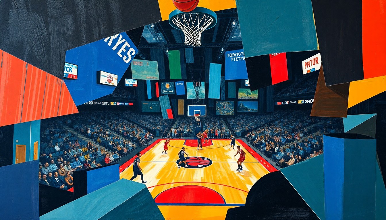 A cubist, geometric painting depicting a basketball game, with overlapping shapes and planes representing the action on the court.