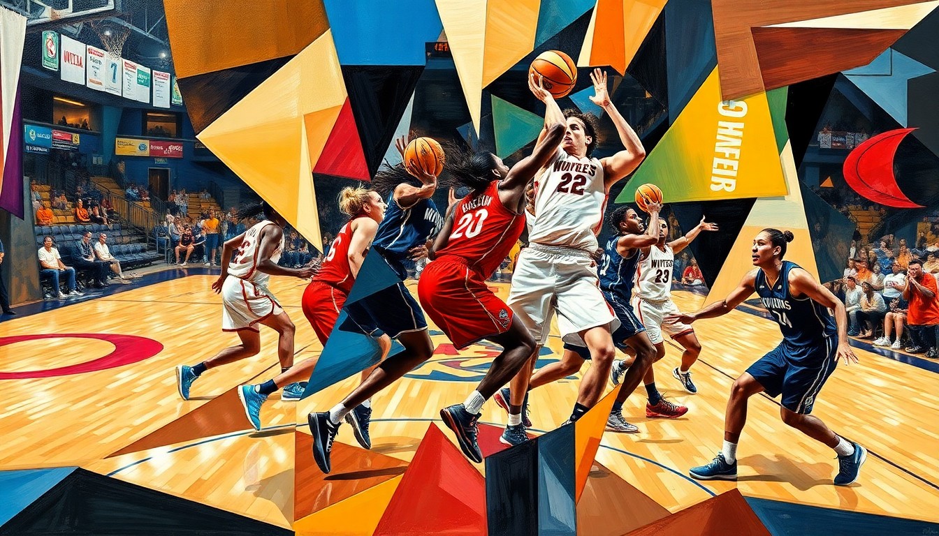 A fragmented, geometric painting depicting the dynamic movements and competitive spirit of a WNBA basketball game, with players' forms broken down into abstract shapes and colors.