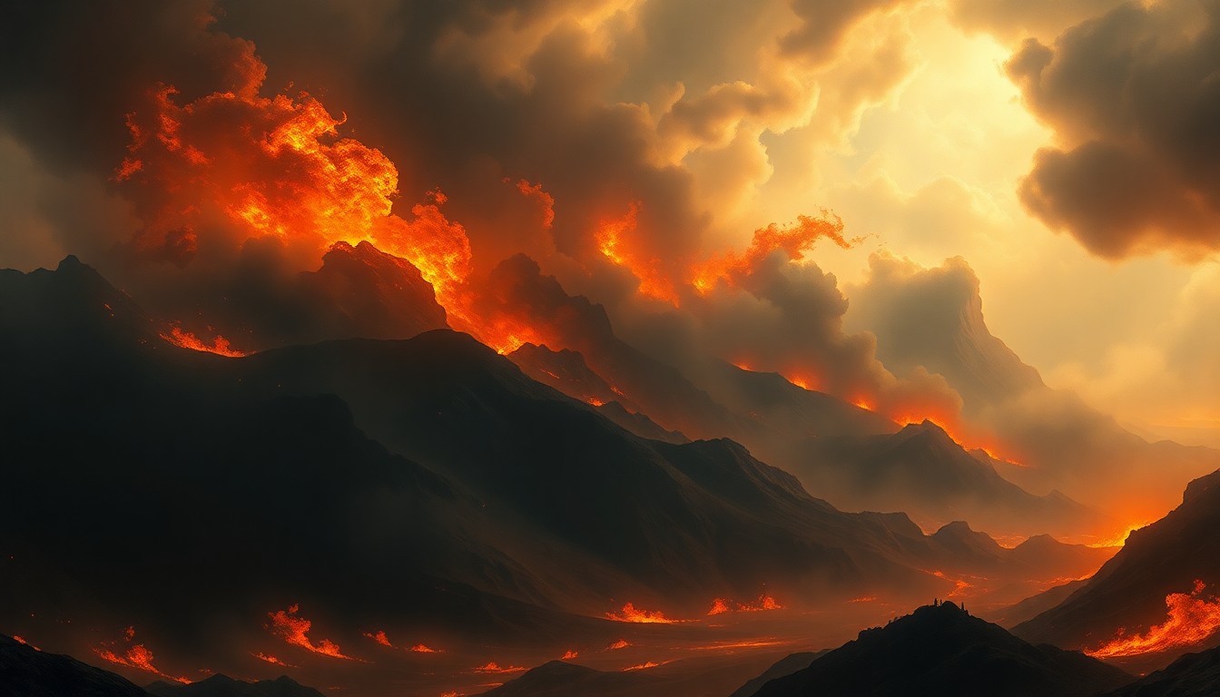 A vast, atmospheric landscape painting depicting a massive, swirling fire consuming a small house in the distance, the flames and smoke dwarfing the structure and conveying the overwhelming, sublime scale of the natural disaster.