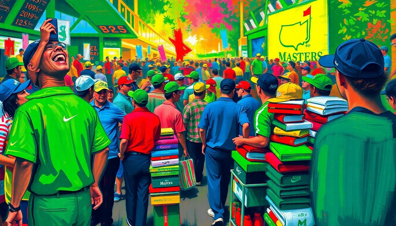 An abstract expressionist painting in vibrant neon colors, with rapid brushstrokes and blurred figures representing the excitement and energy of the Masters merchandise sales.