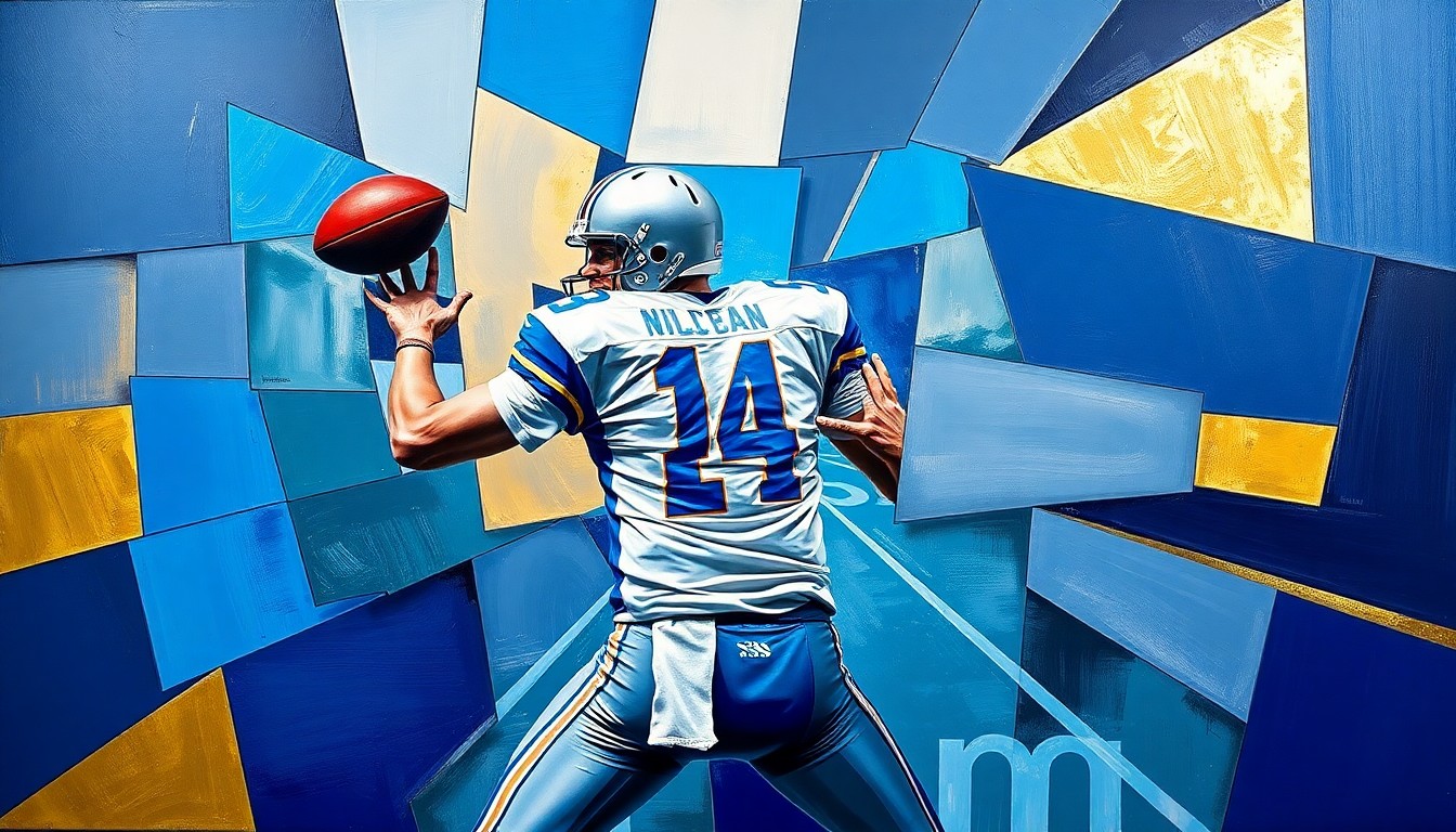 A fragmented, geometric painting depicting a quarterback in motion, with sharp planes of blue, silver, and gold overlapping to capture the energy and complexity of the position.